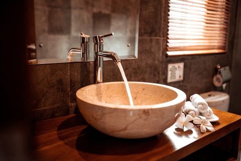 Our stylish bathroom, you will gonna love it! Made of stone, so it is usually cooler. It has spacious shower and strong water pressure, including hot water. Big mirror and lot of space to store amenities.