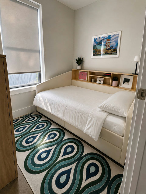 Cute, cozy, and thoughtfully designed, this single bedroom features soft bedding, built-in shelving, and a bright, welcoming atmosphere.