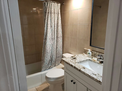 Closer view of our new vanity with quartz countertop.