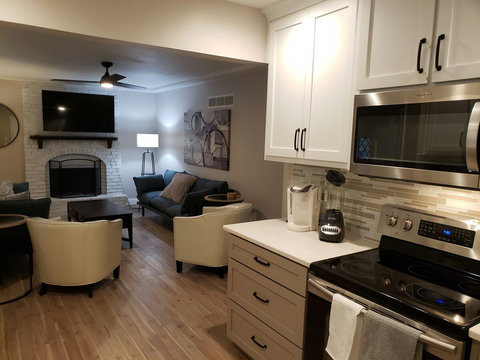 Another view of our open concept kitchen, dining and living areas.