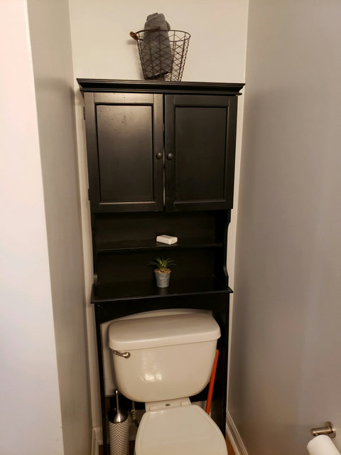 Toilet with cabinet. Holds a couple of fresh towels. Rest of towels are stored in front bedroom in the closet