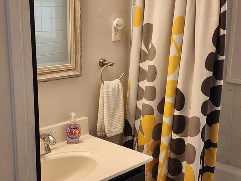 Another angle of bathroom with sink, mirror and shower curtain