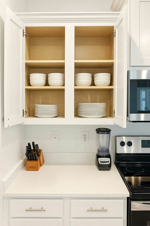 Fully stocked kitchen cabinets ready for cooking