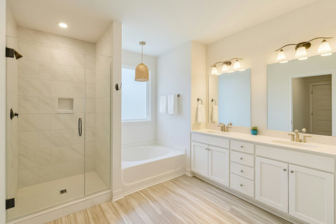 Spa bath with double vanity, shower, and tub