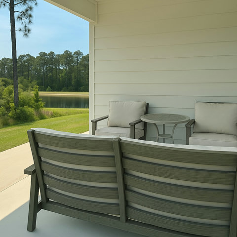Covered patio with lake and pine views
