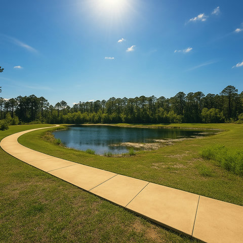 Winding community path beside quiet pond