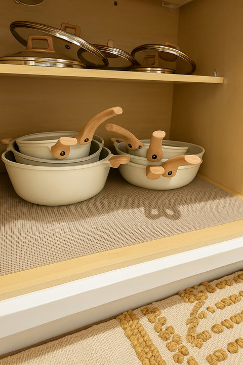 Cream cookware set neatly organized for guests