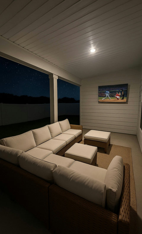 Covered patio lounge with outdoor TV at night