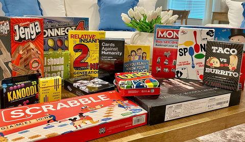 Living room stocked with family game night favorites