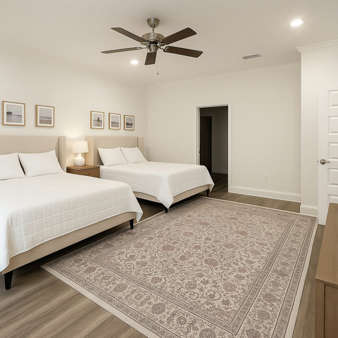 Twin queen beds with coastal gallery wall