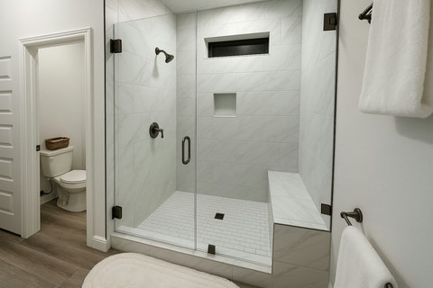 Spa-like walk-in shower with built-in bench