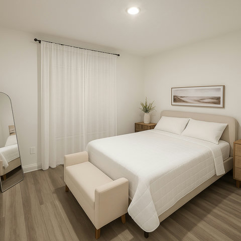 Serene bedroom with arched mirror and sheer curtains