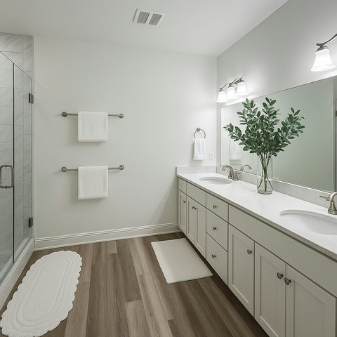 Double vanity bath with glass walk-in shower