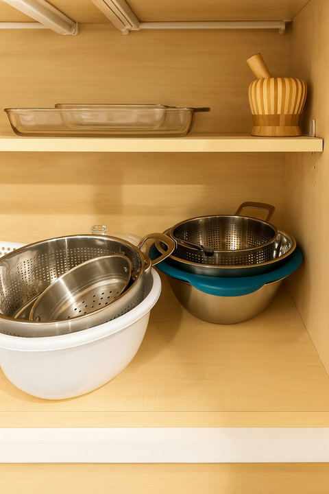 Mixing bowls and bakeware stocked for guests