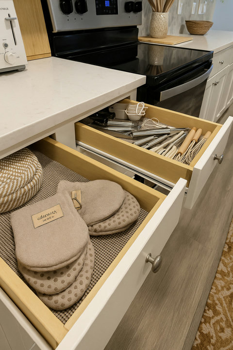 Cooking tools and mitts ready in kitchen drawers