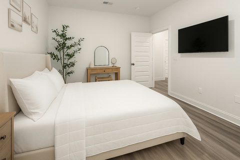 Minimalist bedroom with vanity desk and plant