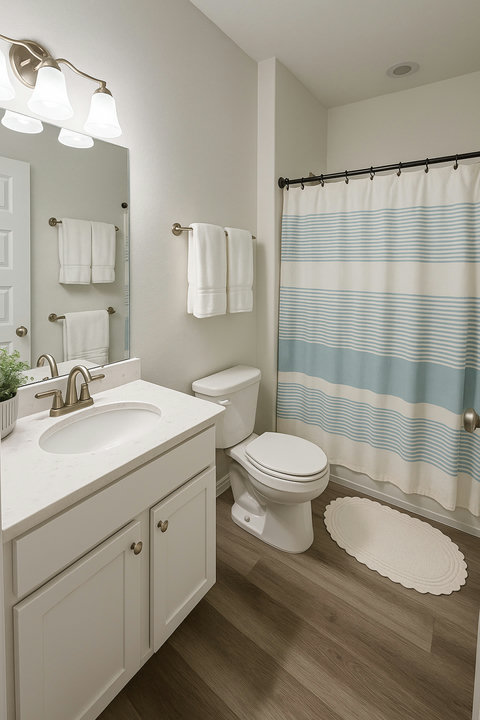 Guest bath with soft blue striped curtain