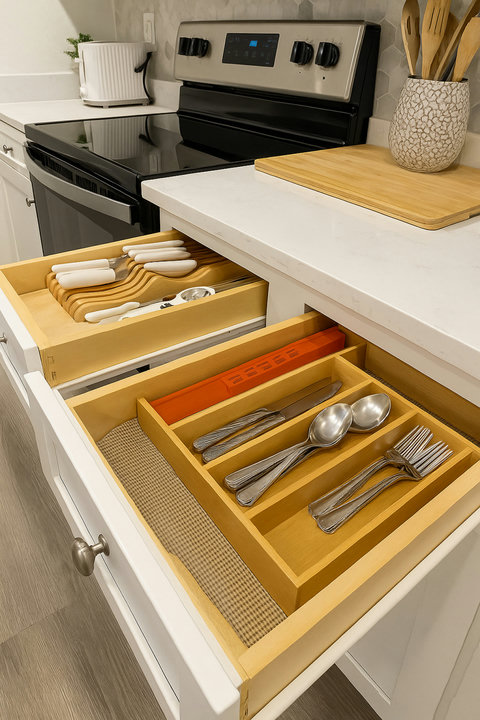 Fully stocked drawers with utensils for cooking