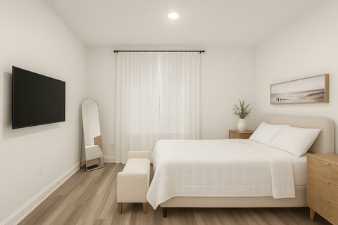 Calm bedroom with wall-mounted TV and bench