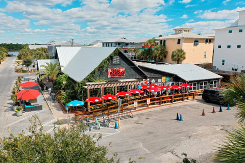 Nearby Red Bar patio with iconic red umbrellas