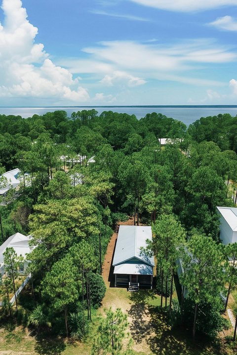 Aerial of cottage tucked in pines near the bay