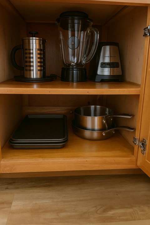Blender, French press, and cookware stocked