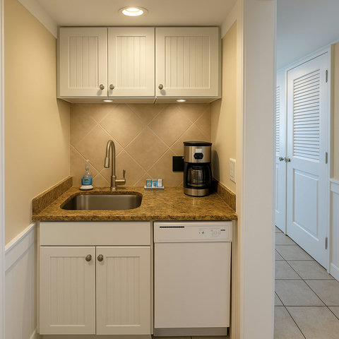 Granite wet bar with dishwasher and coffee station