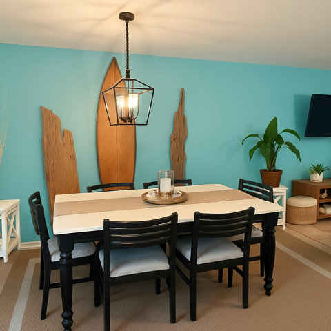Surfboard dining wall under black lantern chandelier