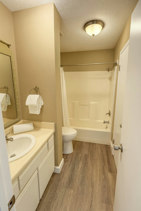 Full bath with tub-shower and bamboo-framed mirror