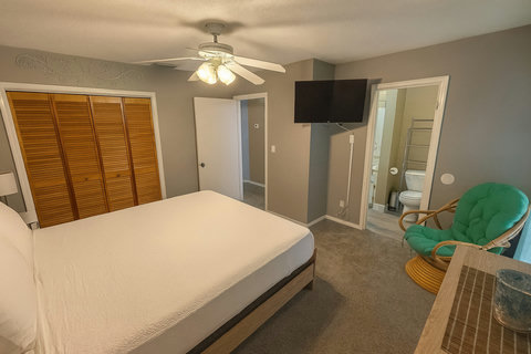 Bedroom with TV, turquoise chair, and ensuite access