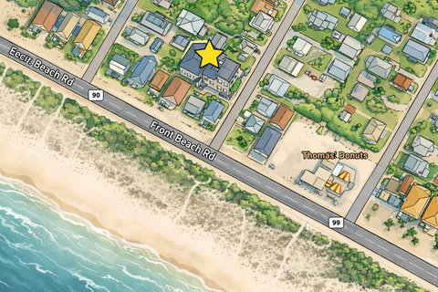 Location map: steps from Front Beach and Thomas Donuts
