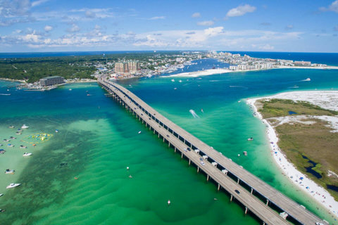 Aerial Destin bridge over turquoise bay waters