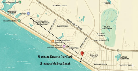 Map: three-minute walk to beach, near Pier Park
