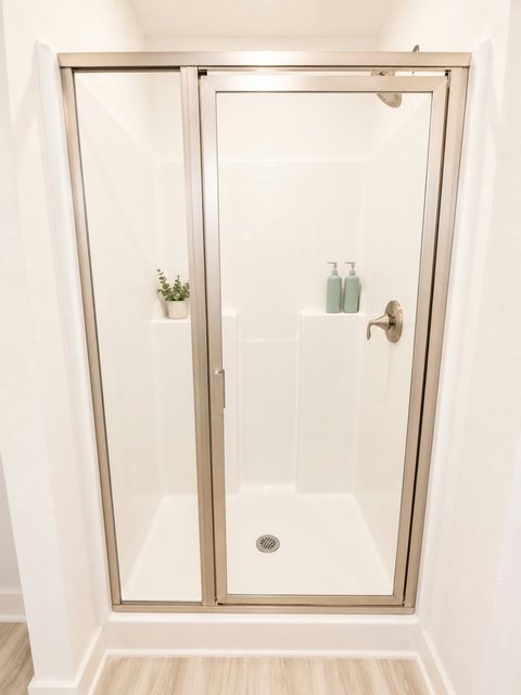Glass walk-in shower with built-in shelves