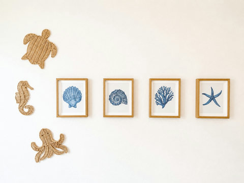 Woven sea creature wall art and shell prints