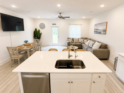 inviting living room and kitchen island