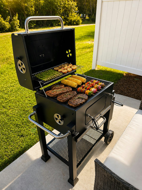 Patio grill ready for steaks and fresh vegetables