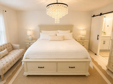 Elegant master suite with capiz chandelier and barn door