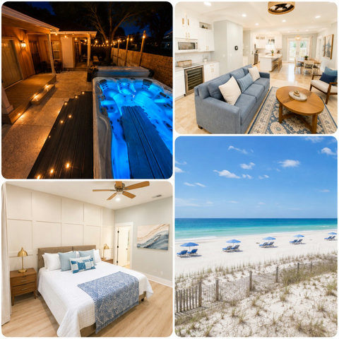 Hot tub, open living, bedroom, and beach collage