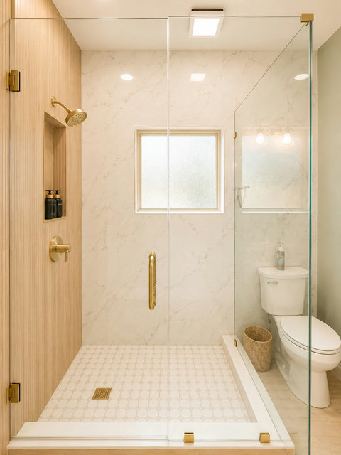 Another beautifully finished full bath with a walk-in glass shower.
