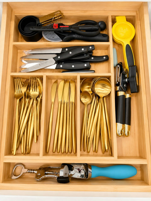 A fully-stocked kitchen — quality cookware, utensils, and flatware ready to go.