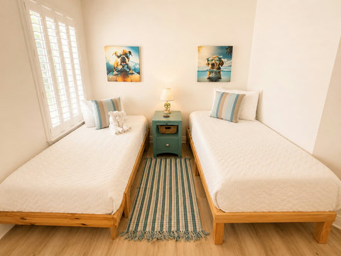 A fun, kid-friendly twin room with two cozy beds and playful beach artwork—the little ones will love their own space.