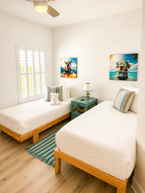 Every corner of this bright twin room is styled with cheerful coastal charm—comfortable and inviting for younger guests.