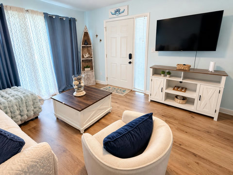 Living room media console and smart lock entry