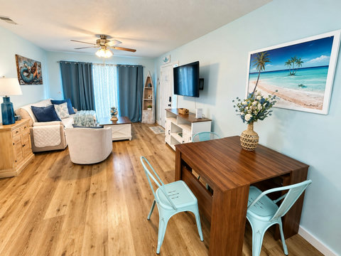 Open living and dining with beachy charm