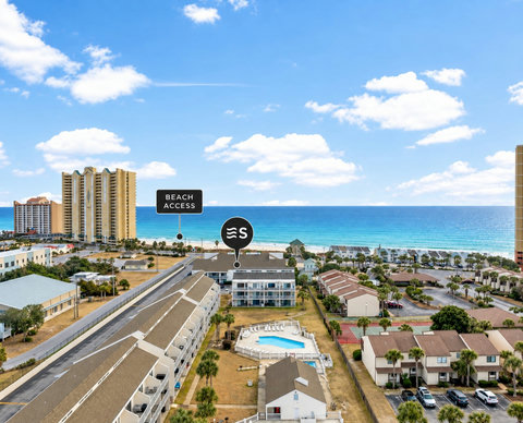 Aerial view highlighting beach access nearby