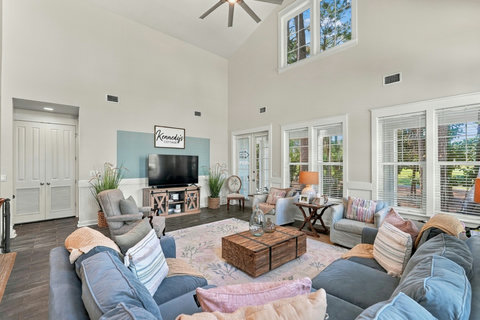 Open living room with French doors to the porch