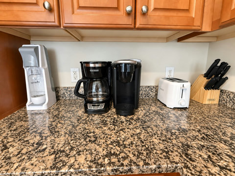 Coffee station with drip maker, Keurig and toaster