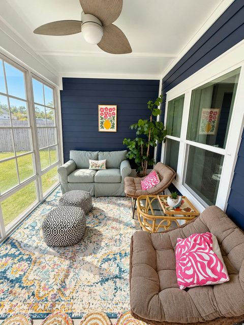 Screened Florida lanai with comfy seating