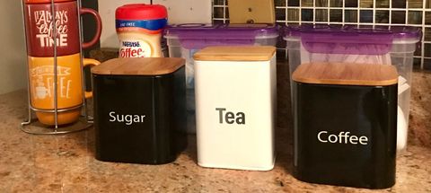 Kitchen with basic essentials and complementary coffee, tea, cocoa and hot apple cider 